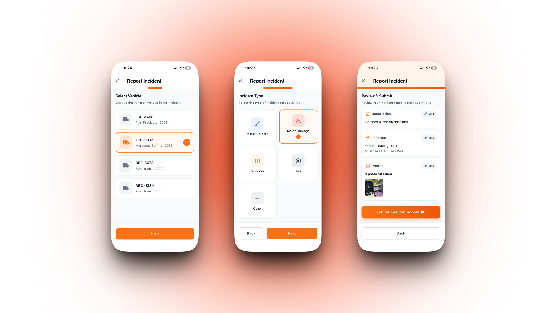 Driver mobile app flow showing vehicle selection, incident type selection, and submission screens